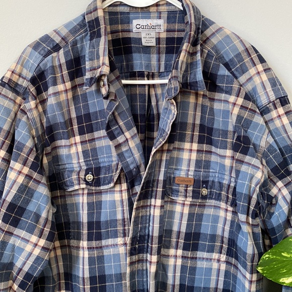 Vintage 90s Carhartt plaid flannel bottom down shirt. - Picture 3 of 5